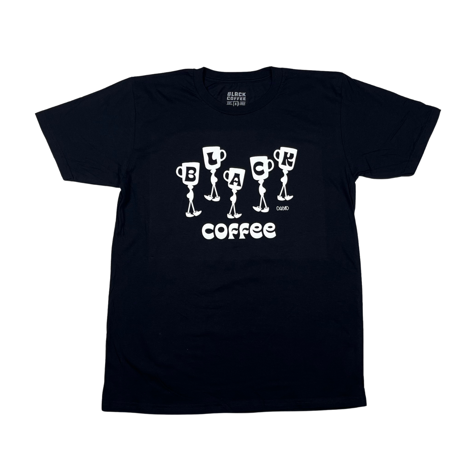 Black t-shirt with DAWD design on front chest in white. 