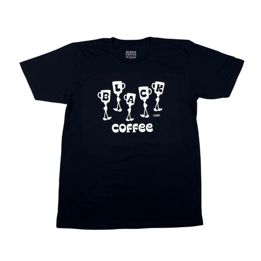 Black t-shirt with DAWD design on front chest in white. 