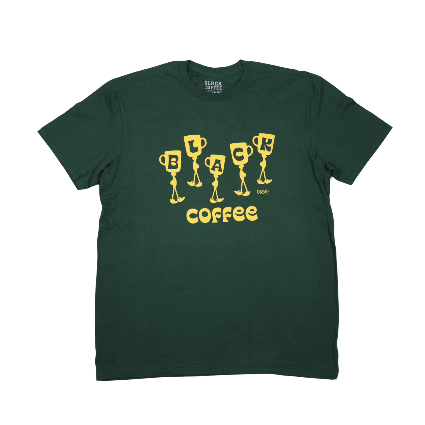 Green t-shirt with DAWD design on front chest in gold. 